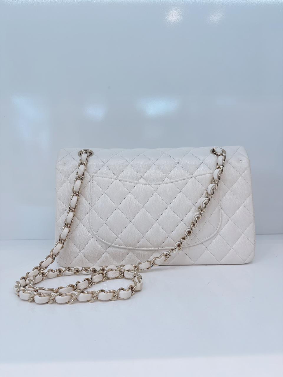 WHITE SHINY CAVIAR LEATHER MEDIUM CLASSIC DOUBLE FLAP BAG