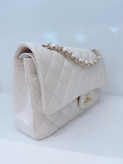 WHITE SHINY CAVIAR LEATHER MEDIUM CLASSIC DOUBLE FLAP BAG
