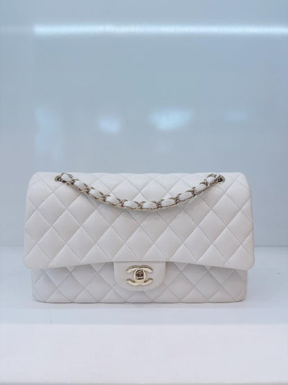 WHITE SHINY CAVIAR LEATHER MEDIUM CLASSIC DOUBLE FLAP BAG