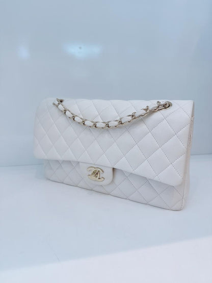 WHITE SHINY CAVIAR LEATHER MEDIUM CLASSIC DOUBLE FLAP BAG