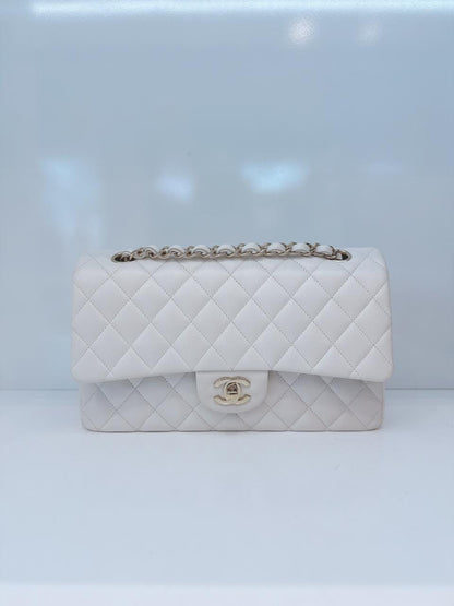 WHITE SHINY CAVIAR LEATHER MEDIUM CLASSIC DOUBLE FLAP BAG