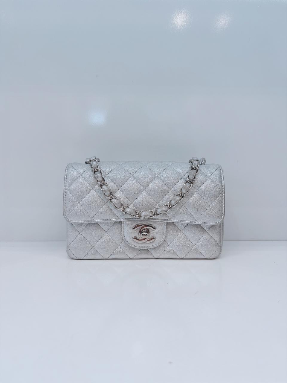 SILVER METALLIC CALFSKIN QUILTED LEATHER RECTANGULAR MINI CLASSIC FLAP BAG