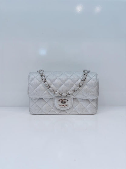 SILVER METALLIC CALFSKIN QUILTED LEATHER RECTANGULAR MINI CLASSIC FLAP BAG