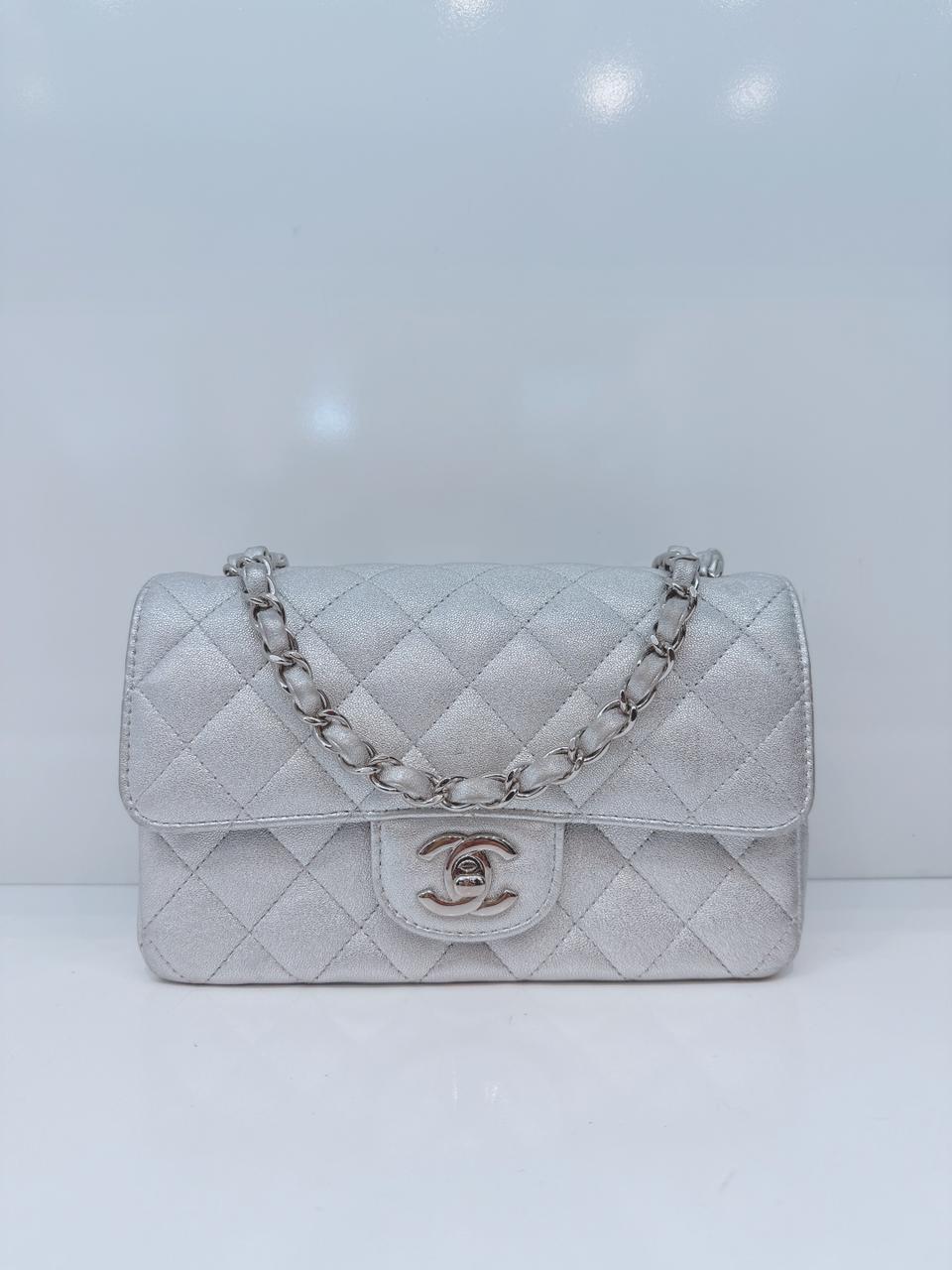 SILVER METALLIC CALFSKIN QUILTED LEATHER RECTANGULAR MINI CLASSIC FLAP BAG