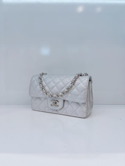 SILVER METALLIC CALFSKIN QUILTED LEATHER RECTANGULAR MINI CLASSIC FLAP BAG