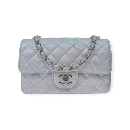 SILVER METALLIC CALFSKIN QUILTED LEATHER RECTANGULAR MINI CLASSIC FLAP BAG