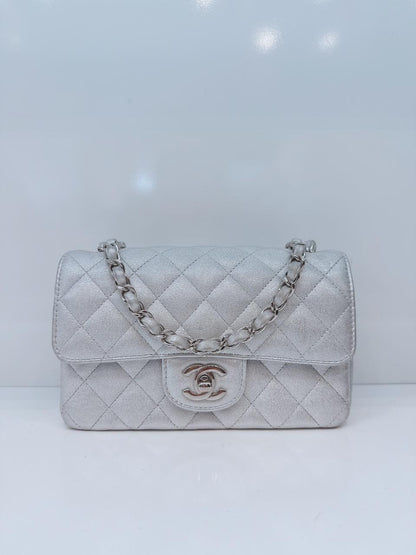 SILVER METALLIC CALFSKIN QUILTED LEATHER RECTANGULAR MINI CLASSIC FLAP BAG