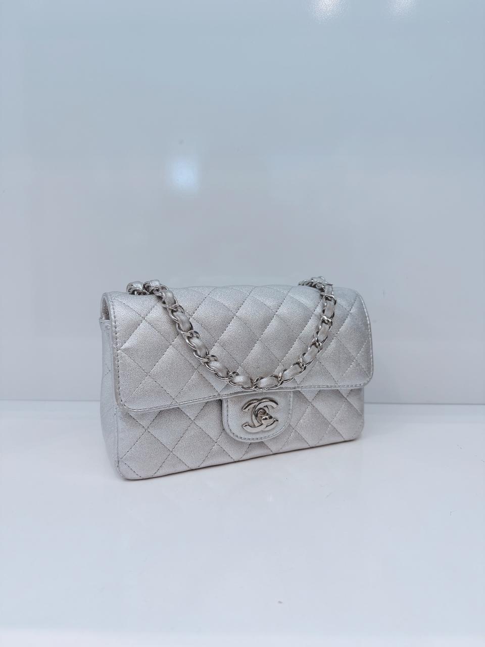 SILVER METALLIC CALFSKIN QUILTED LEATHER RECTANGULAR MINI CLASSIC FLAP BAG