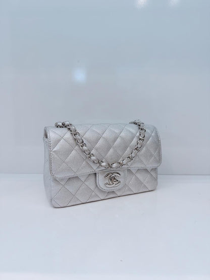SILVER METALLIC CALFSKIN QUILTED LEATHER RECTANGULAR MINI CLASSIC FLAP BAG