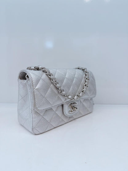 SILVER METALLIC CALFSKIN QUILTED LEATHER RECTANGULAR MINI CLASSIC FLAP BAG