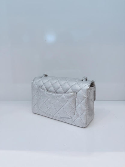 SILVER METALLIC CALFSKIN QUILTED LEATHER RECTANGULAR MINI CLASSIC FLAP BAG