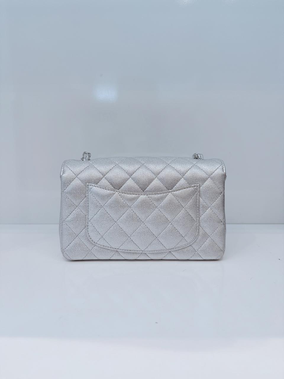 SILVER METALLIC CALFSKIN QUILTED LEATHER RECTANGULAR MINI CLASSIC FLAP BAG