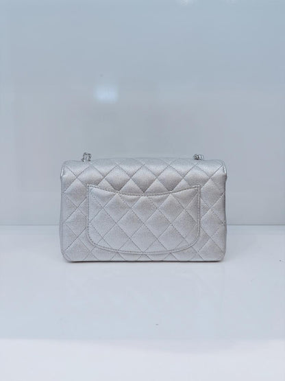 SILVER METALLIC CALFSKIN QUILTED LEATHER RECTANGULAR MINI CLASSIC FLAP BAG