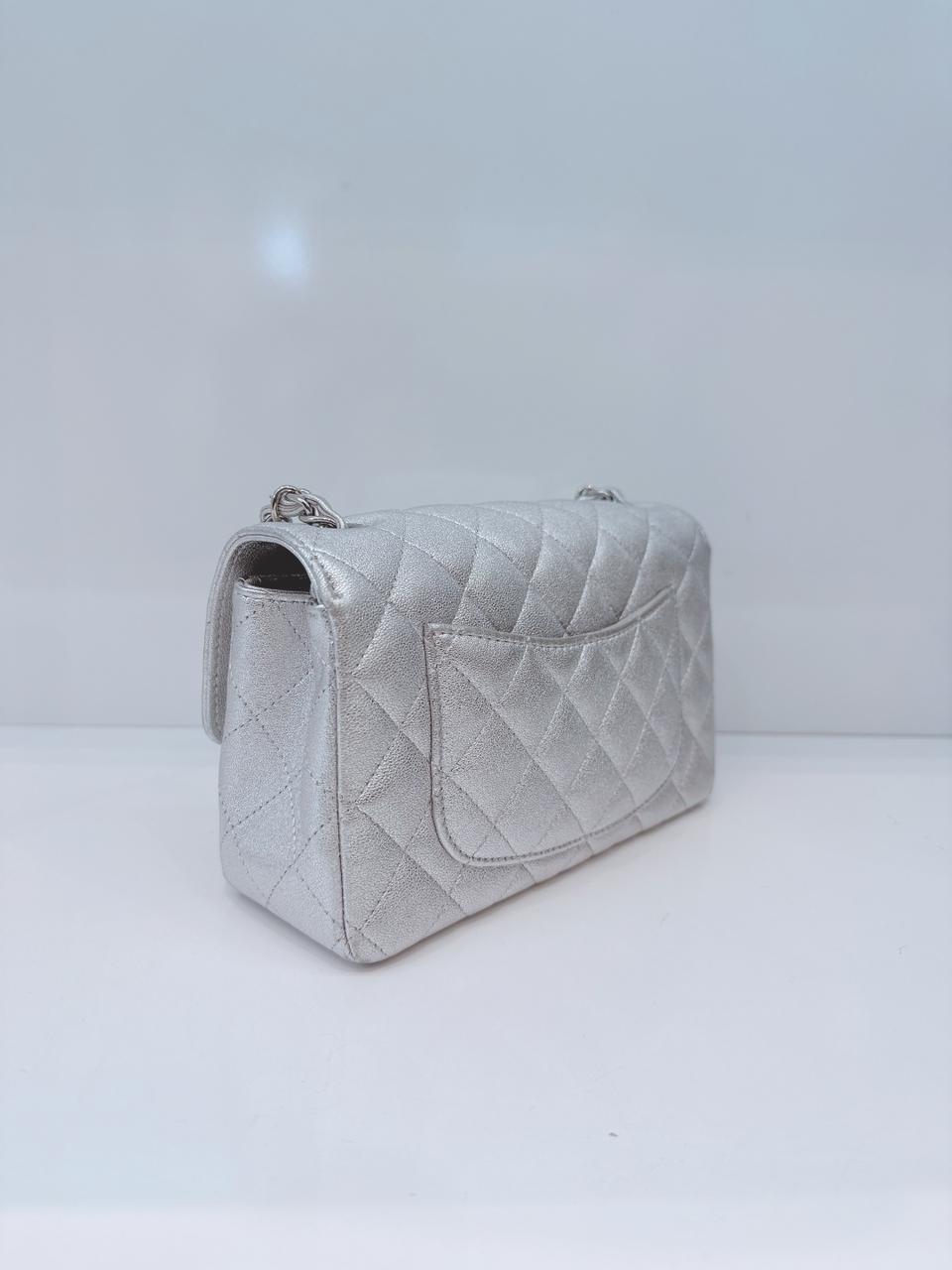 SILVER METALLIC CALFSKIN QUILTED LEATHER RECTANGULAR MINI CLASSIC FLAP BAG