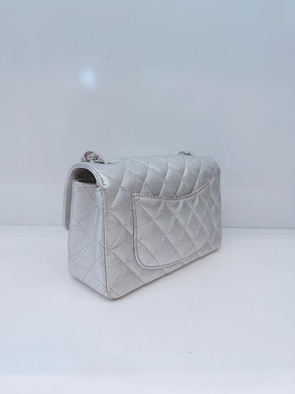 SILVER METALLIC CALFSKIN QUILTED LEATHER RECTANGULAR MINI CLASSIC FLAP BAG
