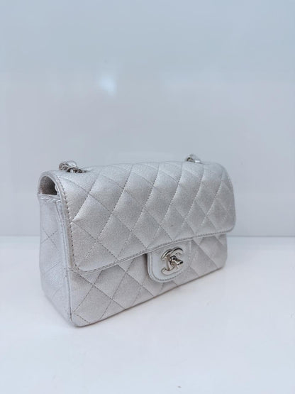 SILVER METALLIC CALFSKIN QUILTED LEATHER RECTANGULAR MINI CLASSIC FLAP BAG