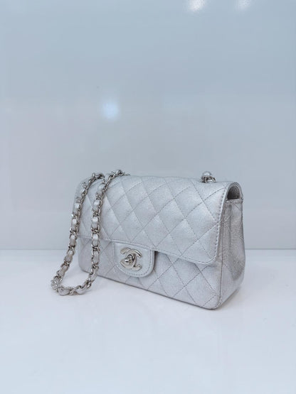 SILVER METALLIC CALFSKIN QUILTED LEATHER RECTANGULAR MINI CLASSIC FLAP BAG