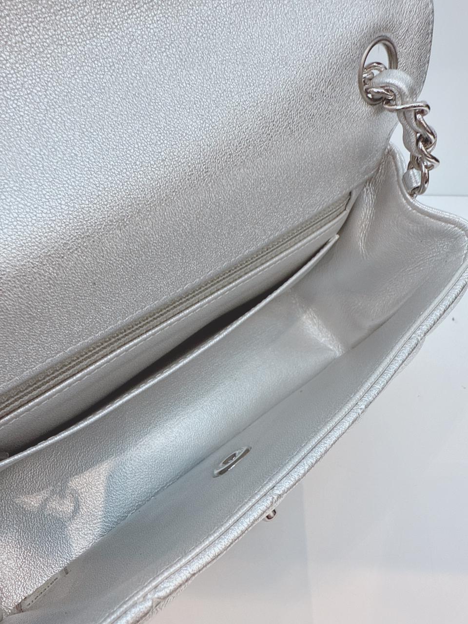 SILVER METALLIC CALFSKIN QUILTED LEATHER RECTANGULAR MINI CLASSIC FLAP BAG