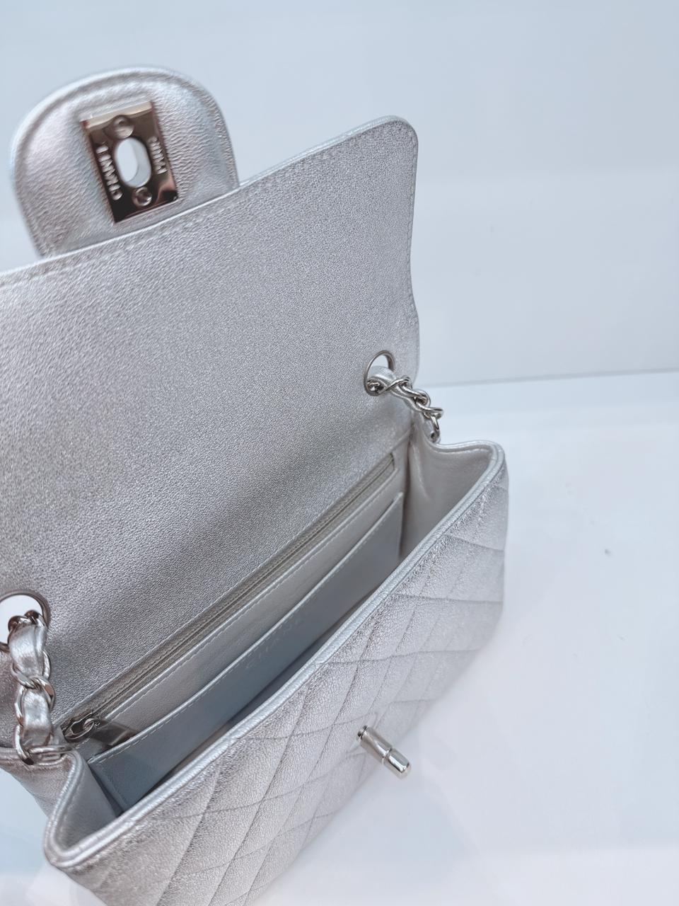 SILVER METALLIC CALFSKIN QUILTED LEATHER RECTANGULAR MINI CLASSIC FLAP BAG