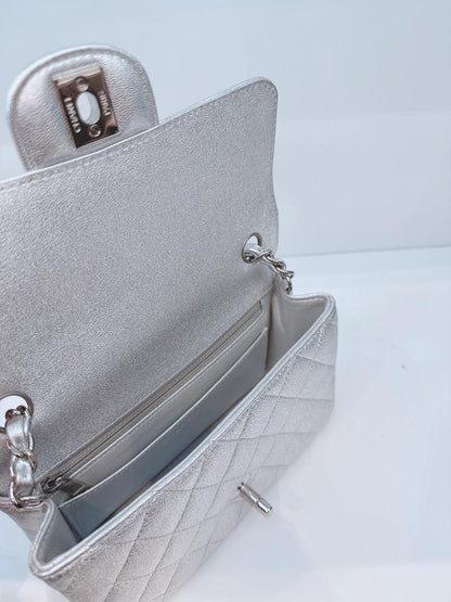 SILVER METALLIC CALFSKIN QUILTED LEATHER RECTANGULAR MINI CLASSIC FLAP BAG