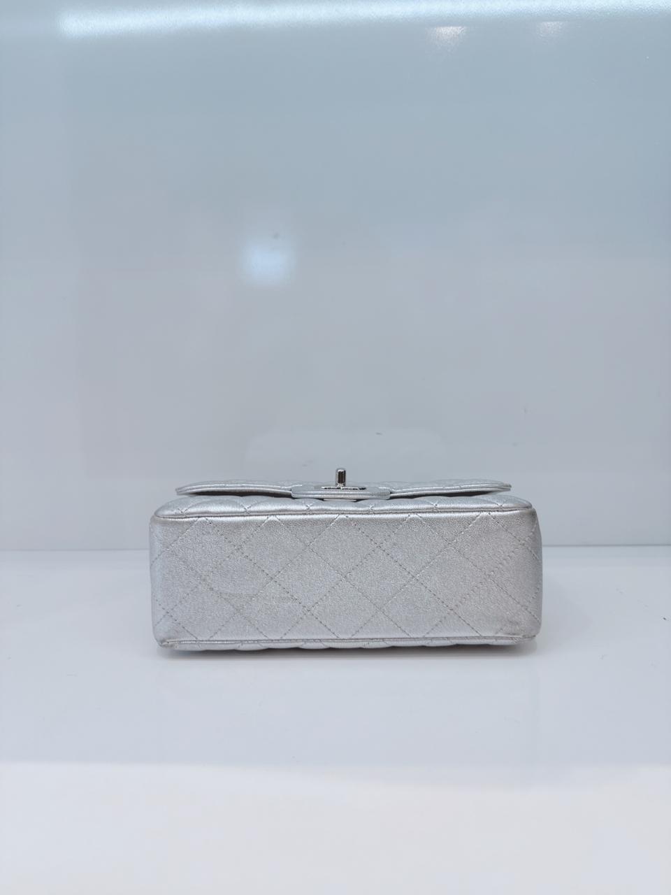 SILVER METALLIC CALFSKIN QUILTED LEATHER RECTANGULAR MINI CLASSIC FLAP BAG