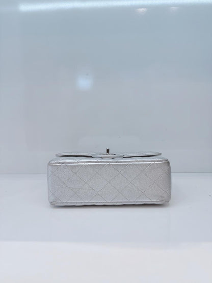 SILVER METALLIC CALFSKIN QUILTED LEATHER RECTANGULAR MINI CLASSIC FLAP BAG