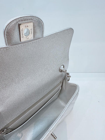 SILVER METALLIC CALFSKIN QUILTED LEATHER RECTANGULAR MINI CLASSIC FLAP BAG