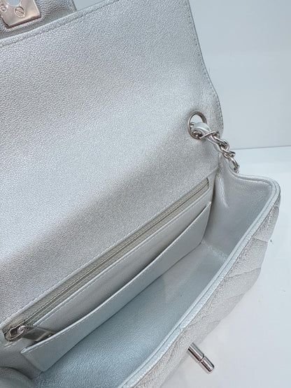 SILVER METALLIC CALFSKIN QUILTED LEATHER RECTANGULAR MINI CLASSIC FLAP BAG