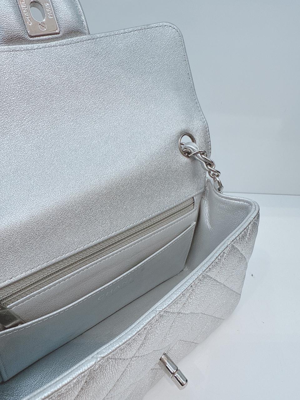 SILVER METALLIC CALFSKIN QUILTED LEATHER RECTANGULAR MINI CLASSIC FLAP BAG