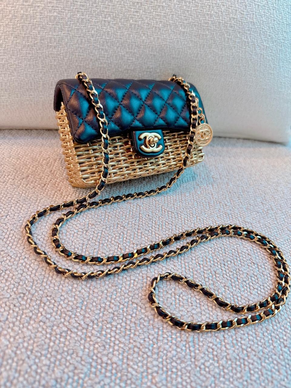 23C BLACK/GOLD WOVEN METAL LAMBSKIN SMALL FLAP EVENING BAG