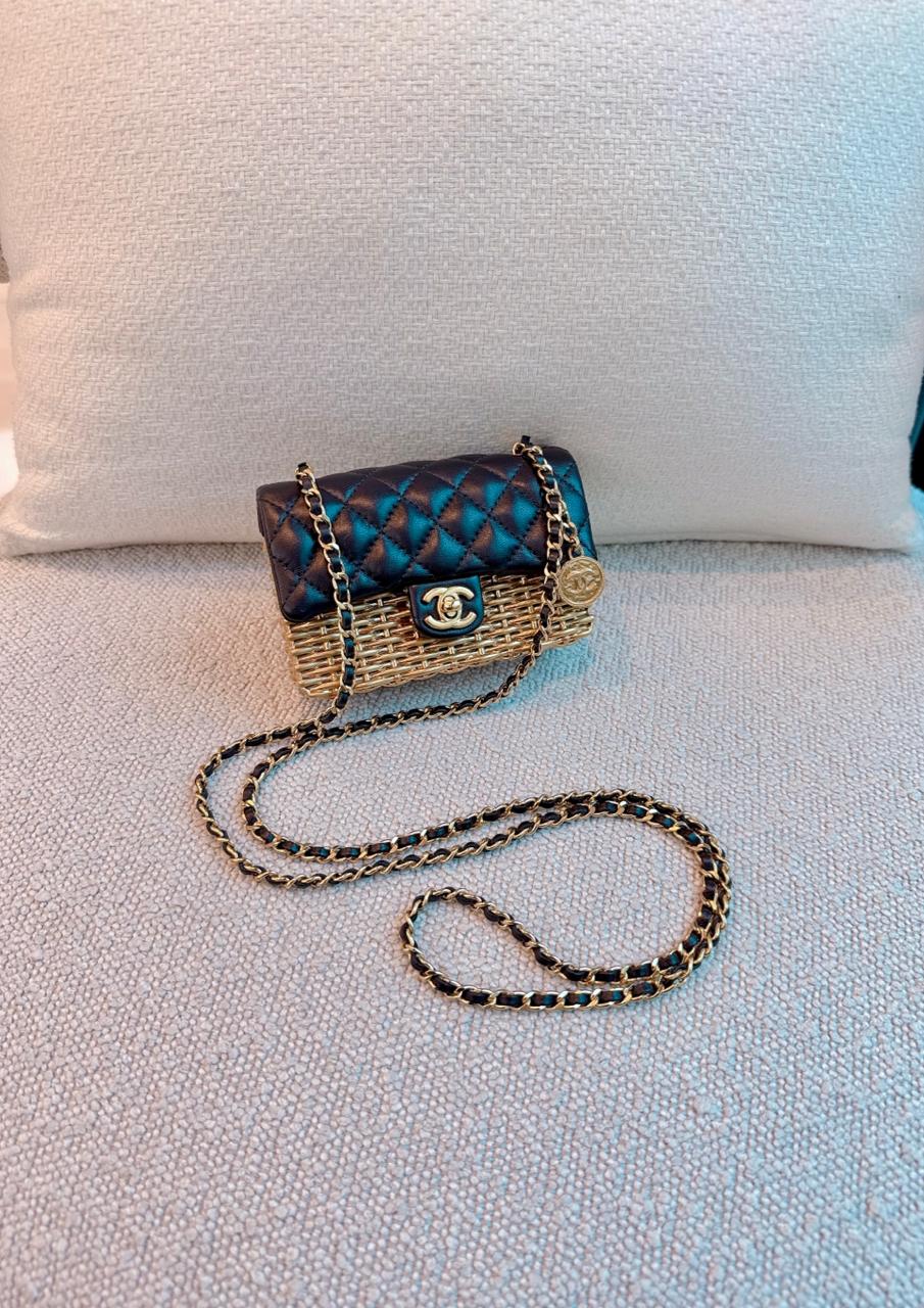 23C BLACK/GOLD WOVEN METAL LAMBSKIN SMALL FLAP EVENING BAG