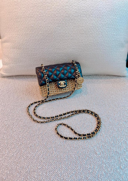 23C BLACK/GOLD WOVEN METAL LAMBSKIN SMALL FLAP EVENING BAG