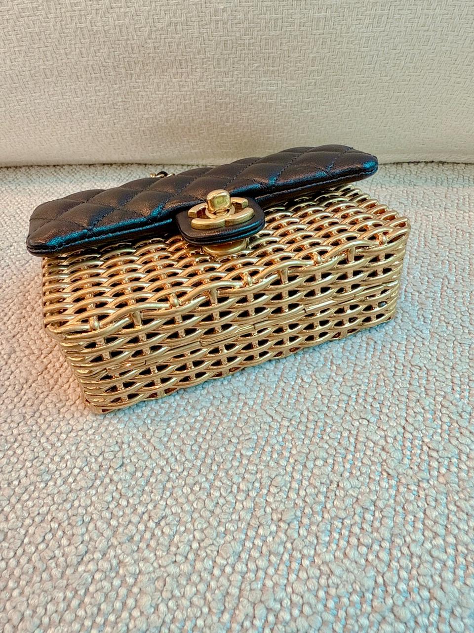 23C BLACK/GOLD WOVEN METAL LAMBSKIN SMALL FLAP EVENING BAG