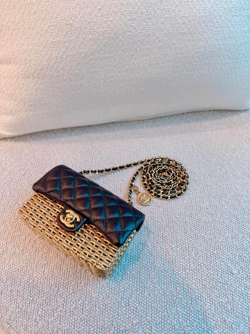 23C BLACK/GOLD WOVEN METAL LAMBSKIN SMALL FLAP EVENING BAG