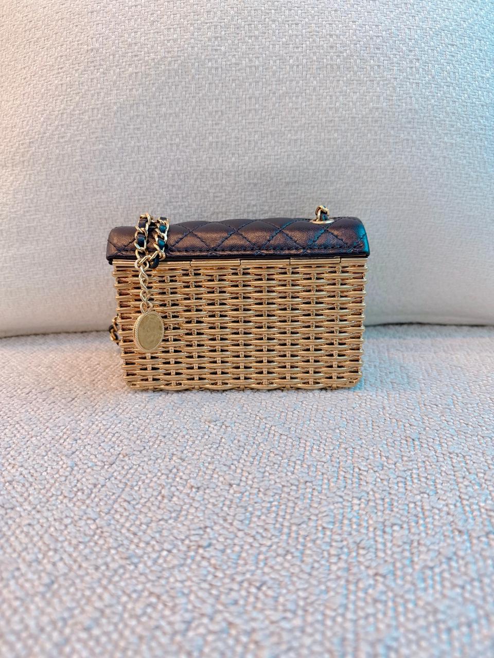 23C BLACK/GOLD WOVEN METAL LAMBSKIN SMALL FLAP EVENING BAG