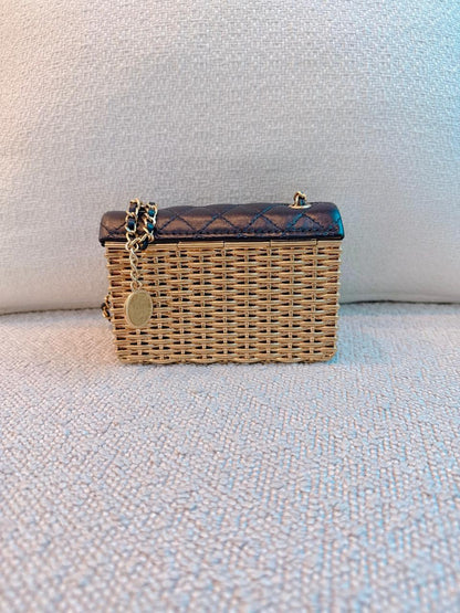 23C BLACK/GOLD WOVEN METAL LAMBSKIN SMALL FLAP EVENING BAG