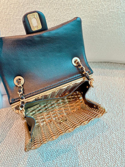 23C BLACK/GOLD WOVEN METAL LAMBSKIN SMALL FLAP EVENING BAG