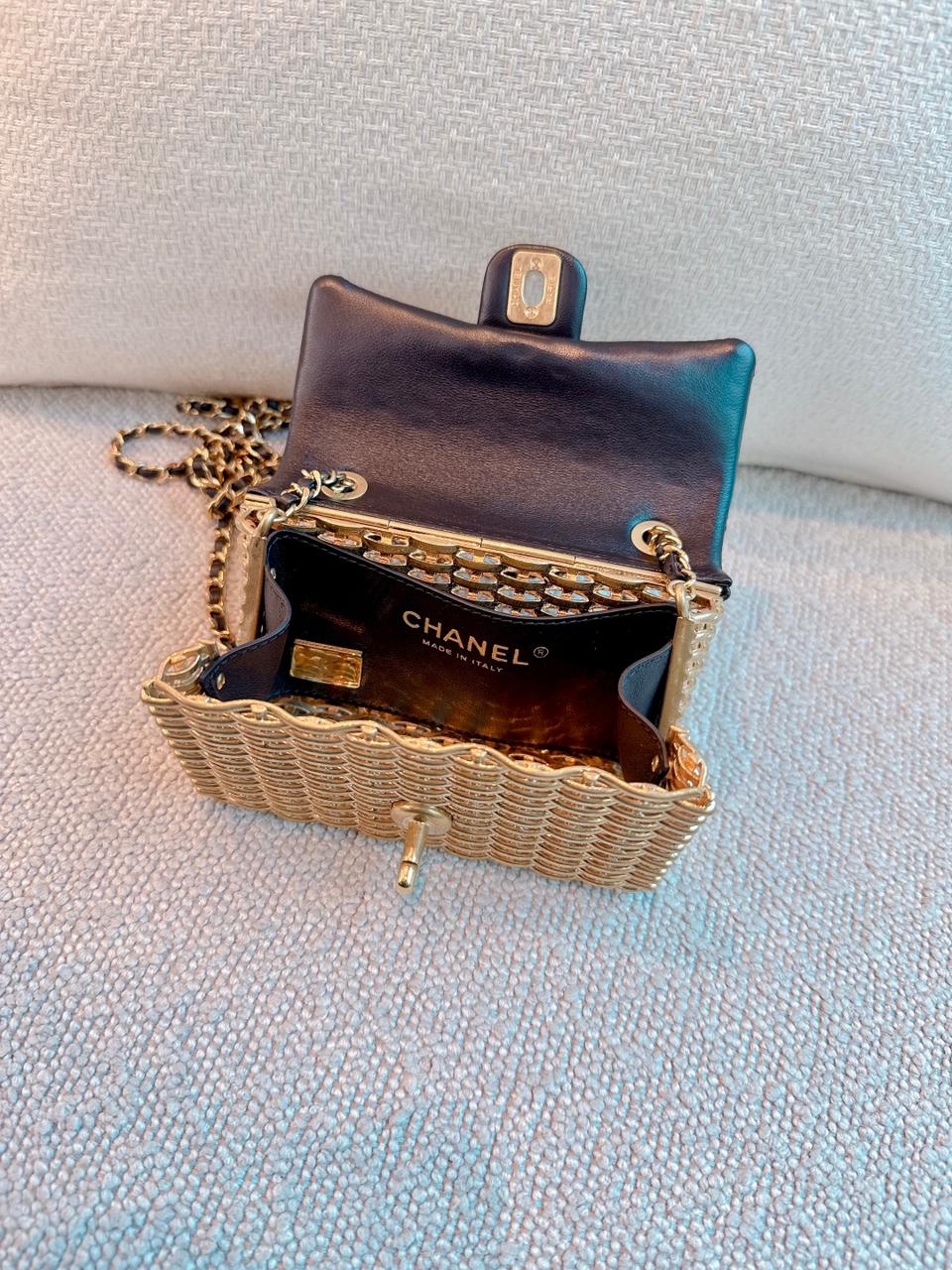 23C BLACK/GOLD WOVEN METAL LAMBSKIN SMALL FLAP EVENING BAG