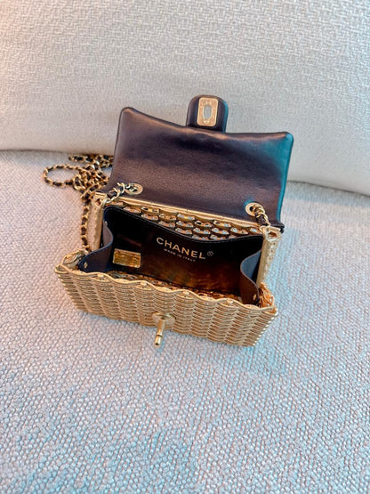 23C BLACK/GOLD WOVEN METAL LAMBSKIN SMALL FLAP EVENING BAG