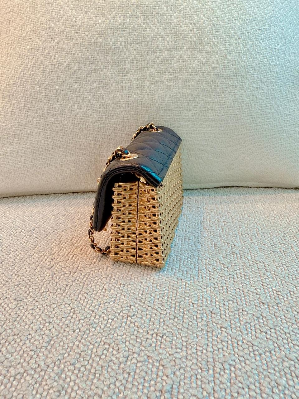 23C BLACK/GOLD WOVEN METAL LAMBSKIN SMALL FLAP EVENING BAG