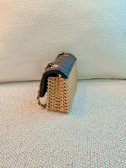 23C BLACK/GOLD WOVEN METAL LAMBSKIN SMALL FLAP EVENING BAG