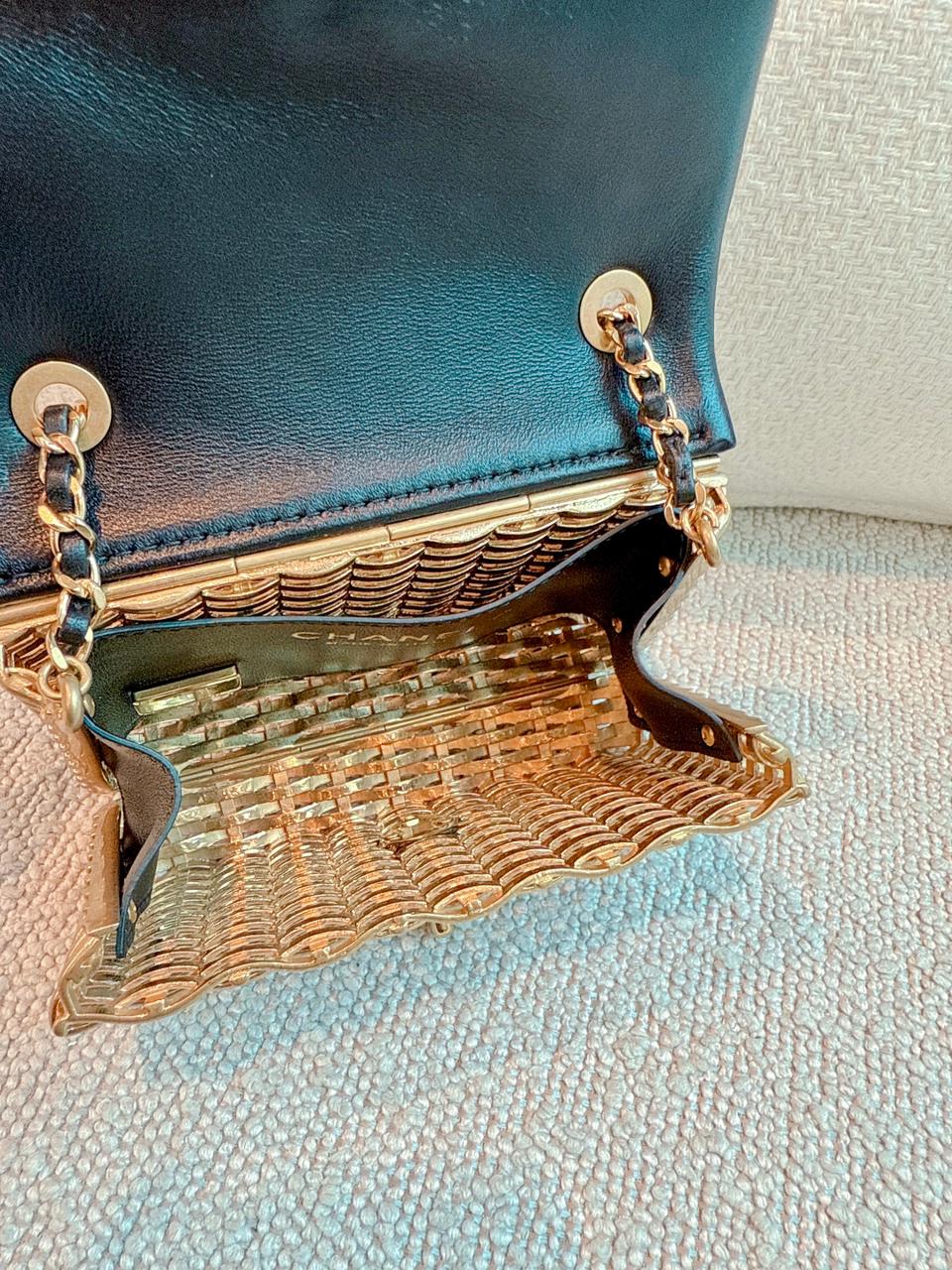 23C BLACK/GOLD WOVEN METAL LAMBSKIN SMALL FLAP EVENING BAG