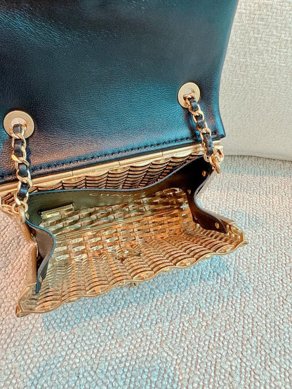 23C BLACK/GOLD WOVEN METAL LAMBSKIN SMALL FLAP EVENING BAG