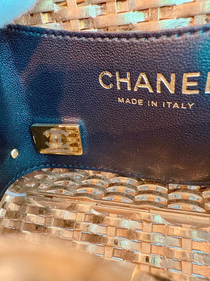 23C BLACK/GOLD WOVEN METAL LAMBSKIN SMALL FLAP EVENING BAG