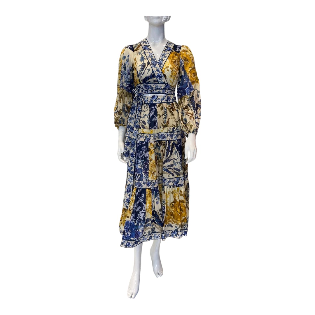 BLUE MULTI FLORAL PRINT ALIANE CROPPED GAUZE WRAP BLOUSE  AND SKIRT SET  S