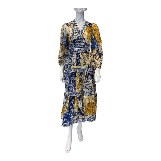 BLUE MULTI FLORAL PRINT ALIANE CROPPED GAUZE WRAP BLOUSE  AND SKIRT SET  S