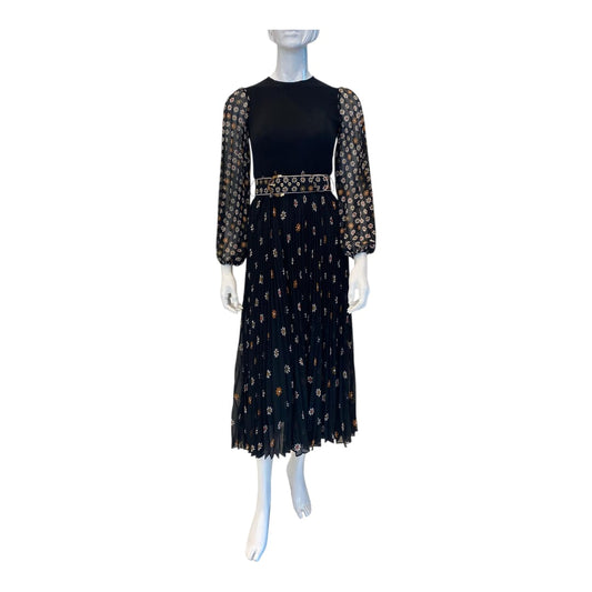 BLACK POLYESTER SUNRAY LONG SLEEVES DAISY PRINT MIDI DRESS S