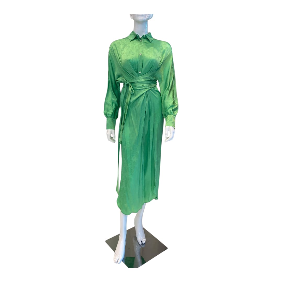 GREEN FLORAL PATTERN SILK BLEND SHIRT DRESS 40