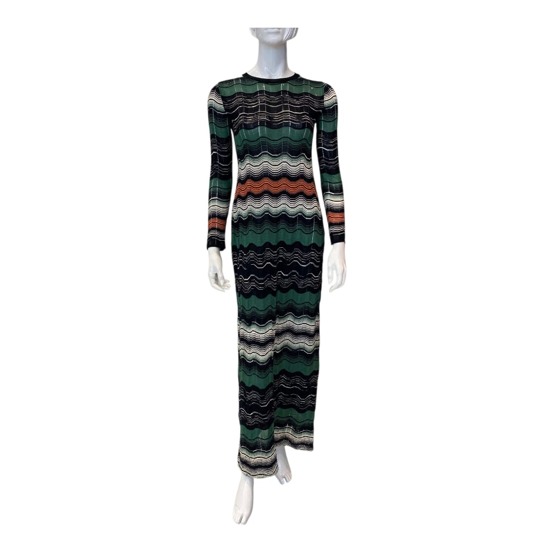 GREEN MULTI LONG SLEEVE CROCHET RIPPLE KNIT DRESS 40