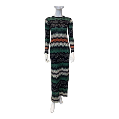GREEN MULTI LONG SLEEVE CROCHET RIPPLE KNIT DRESS 40